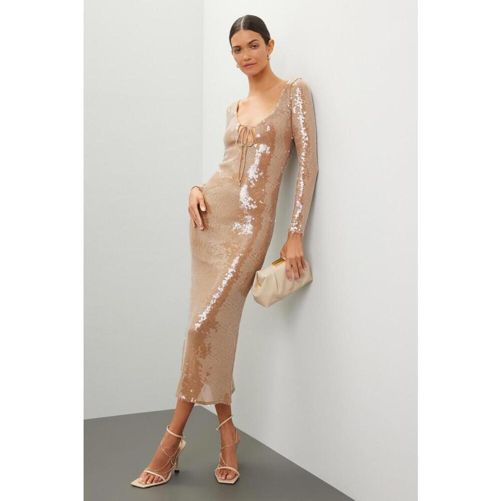 Bardot Verona Sequin Maxi Dress Brown Size L/8 Missing Sequins